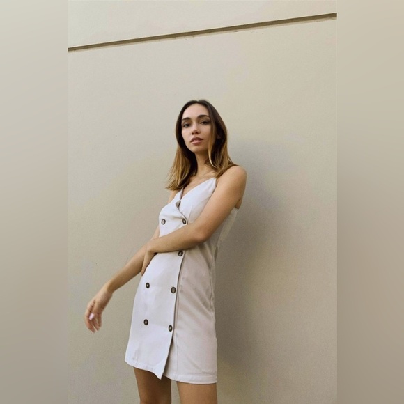 NWT-Taupe Sleeveless V-Neck Front Buttoned Down Relaxed Fit Mini Dress - Picture 2 of 8